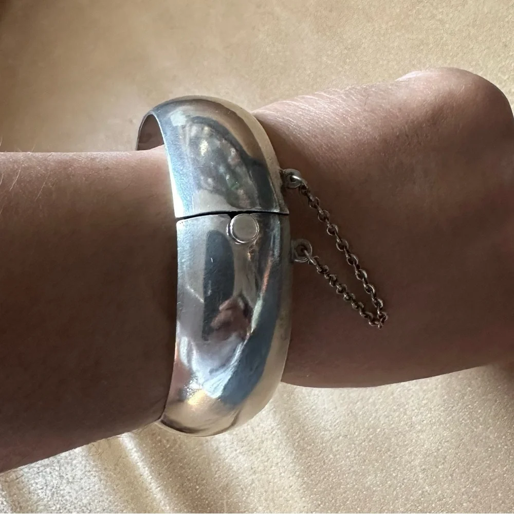 Vintage Sterling Silver cuff bangle bracelet Mexico modernist brutalist w chain - Picture 6 of 9